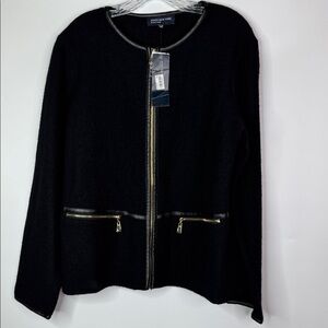 Jones New York Black Wool Full Zip Sweater Jacket Gold Accents Size XL NWT